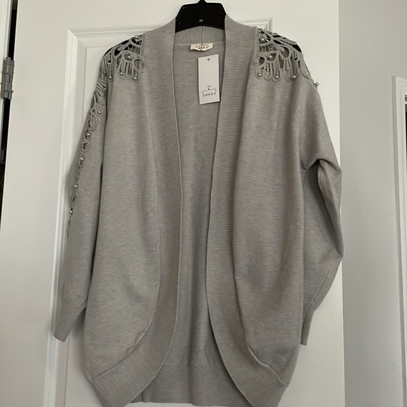 Ember Cardigan Sweater Women Size L Gray Lace Beads Embellished Open Front NWT - Picture 2 of 14
